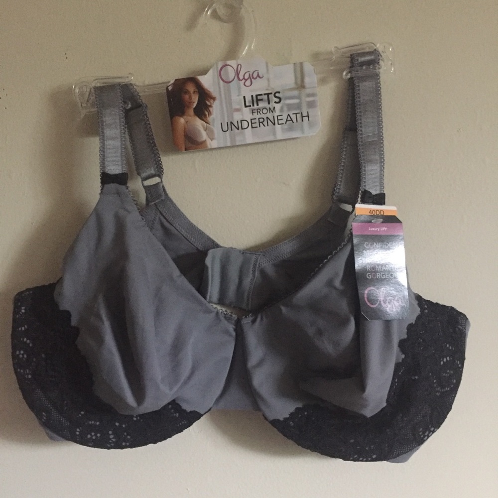 Olga Bra 40DD Luxury Lift Gray w/ Black Lace